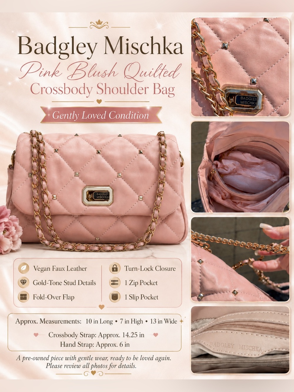 Badgley Mischka Pink Blush Quilted Chain-Trim Crossbody